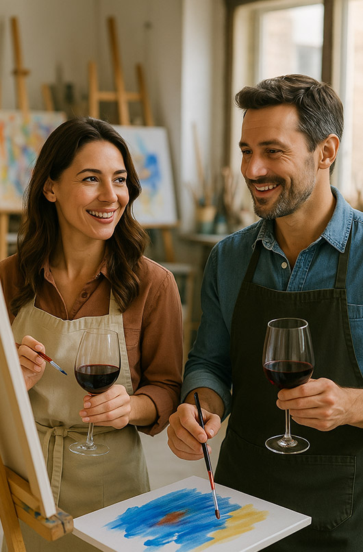 Pareja pintando cuadros mientras toman vino